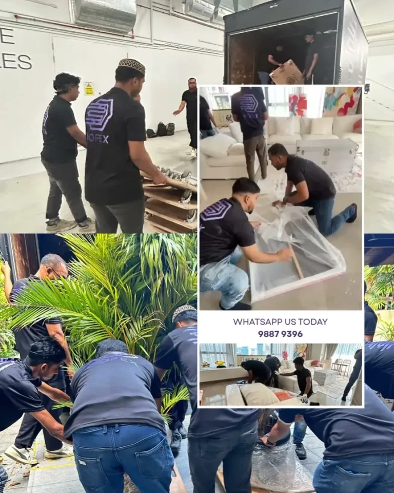 Collage of Mofex movers wrapping and loading furniture