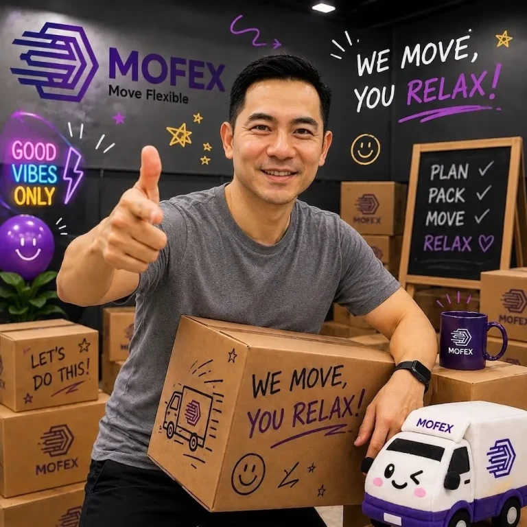 Smiling customer holding a Mofex box with We Move, You Relax graphics